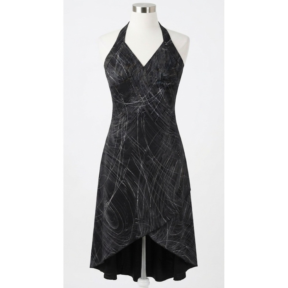Vtg RAG Black Silver Glitter Halter Dress Medium Whimsigoth Goth High Low Hem